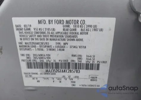 2019 Ford Ecosport Se из США, поврежденный, VIN MAJ3S2GE6KL285783